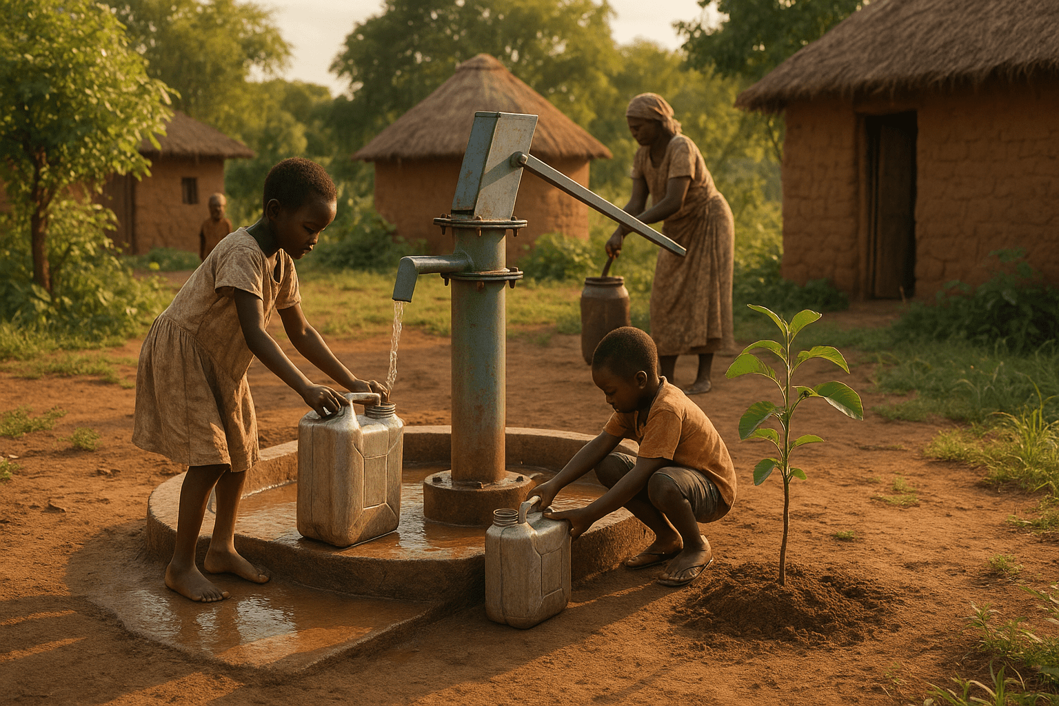 Children filling water cans at a pump.