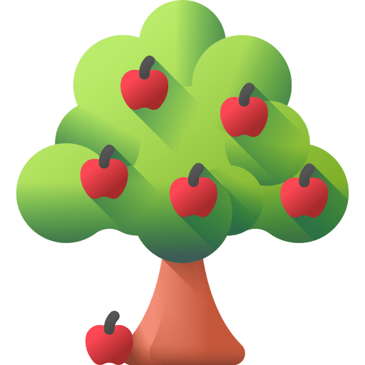 Illustration of an apple tree with red apples.
