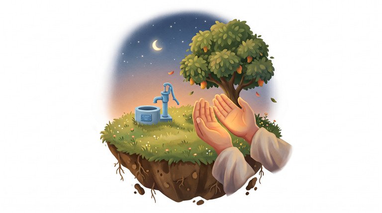 Illustration: two hands raised in dua at dusk in front of a well and a tree, a crescent moon above