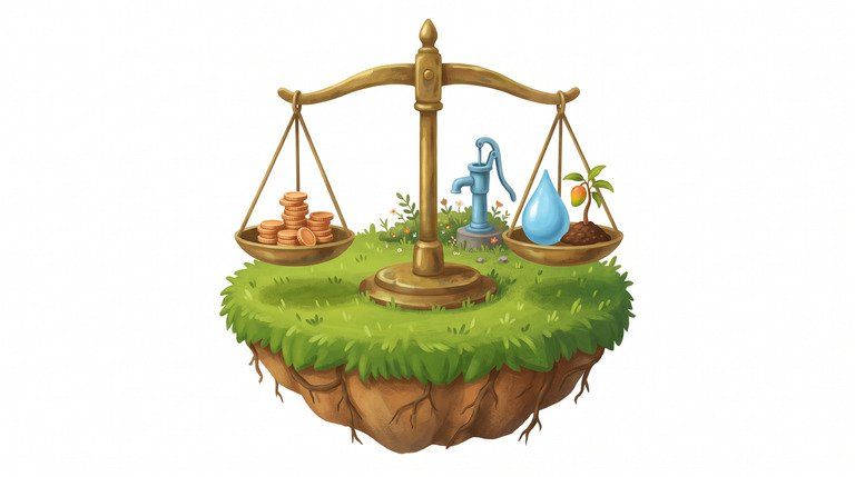 Illustration: a balance scale with gold coins on one pan, a water drop and a sapling on the other