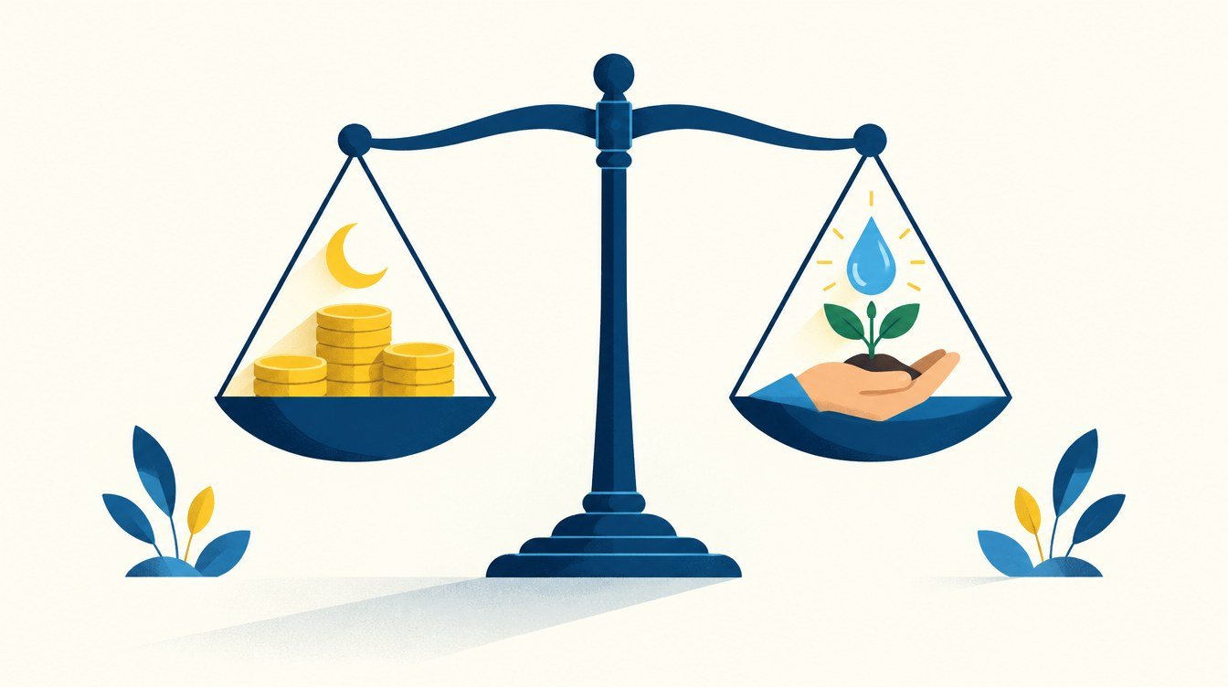 Illustration: a balance scale weighing gold coins and a crescent against a hand holding a seedling and a drop of water