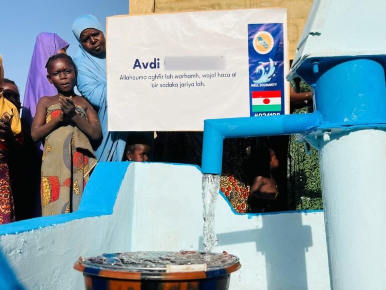 Women and children at a new water well in Niger built by Well Solidarity, plaque with a dua and the words sadaqah jariyah
