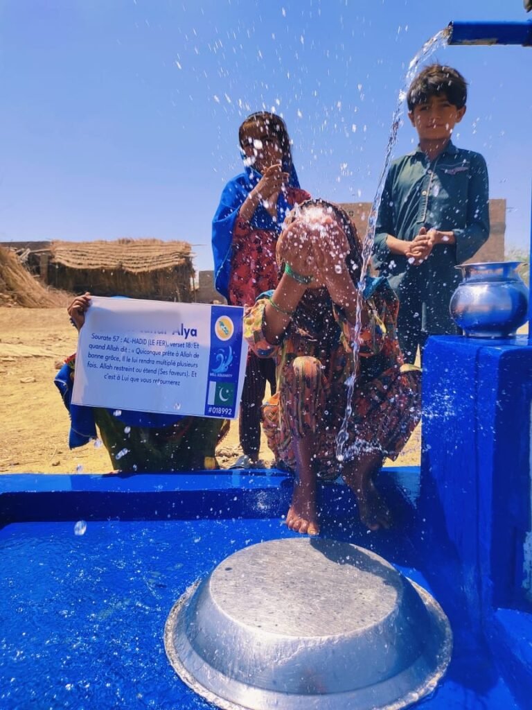 Girl washing her face at a hand-pump well in Pakistan, plaque with a verse of Surah al-Hadid