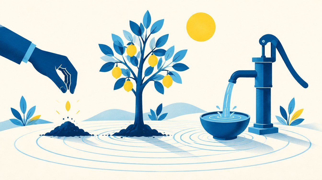 Illustration: a hand sowing a seed, a fruit tree and a hand pump pouring water, the three forms of sadaqah jariyah