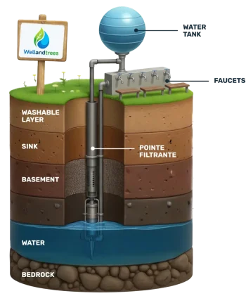 Well with seating - hand-pump water well built by Well & Trees in Pakistan
